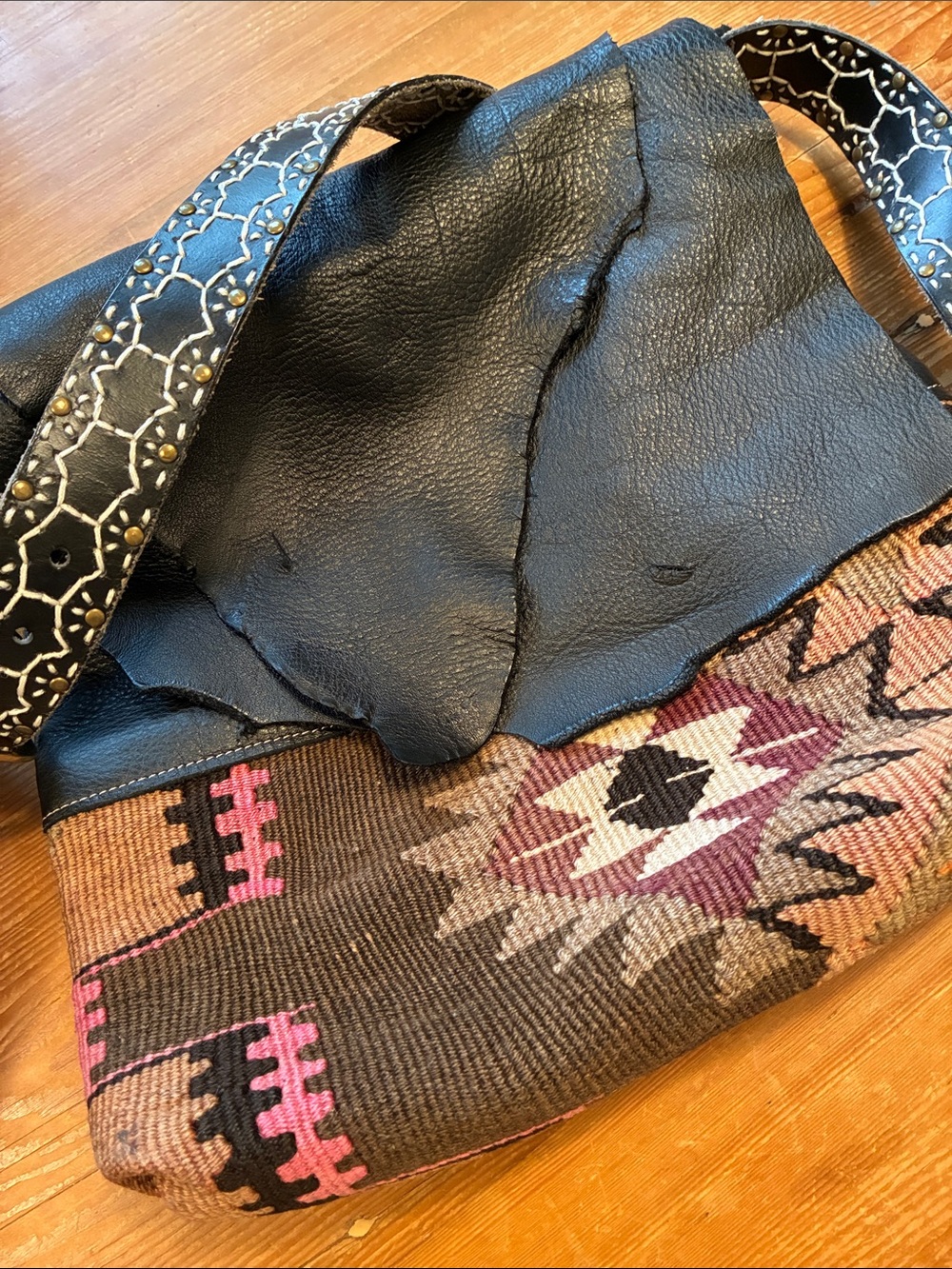 Kilim Black Leather Vintage Belt Altered by D’Aunn Hobo Crossbody Bag